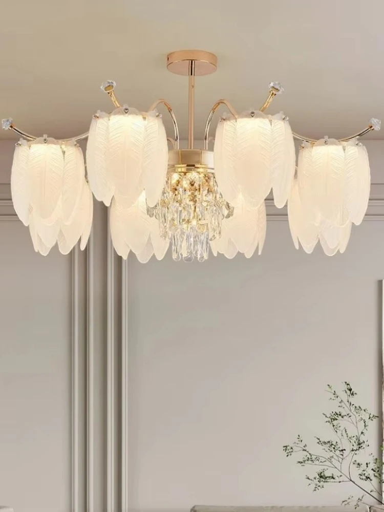 Cream style light luxury living room bedroom light French feather crystal dining room creative lighting 2025 new chandelier