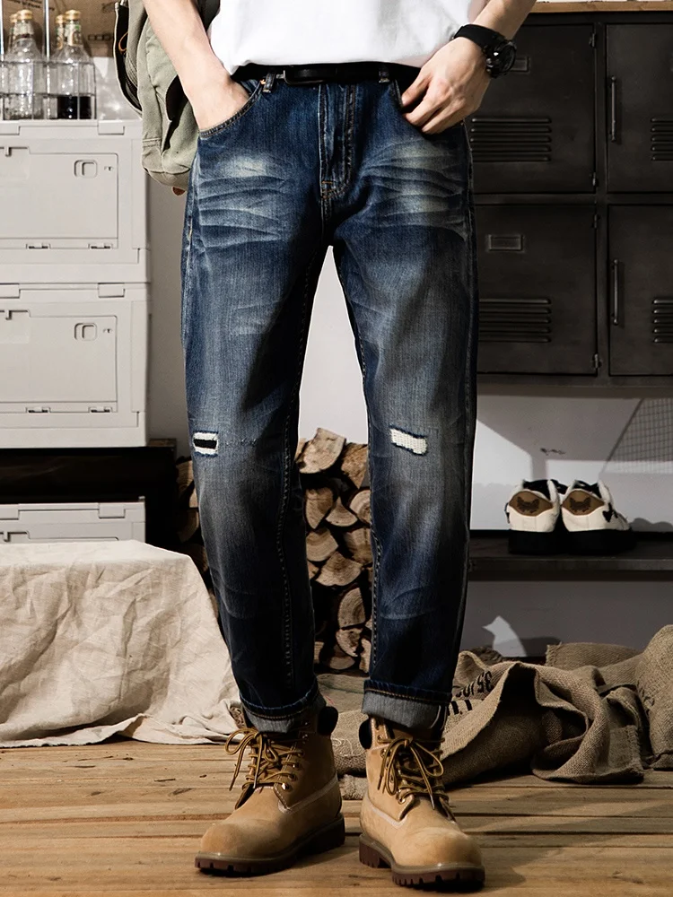 

Мужские джинсы в стиле ретро, американского кроя, облегающие, с рваными элементами, укороченные (до щиколотки), прямые, из хлопка, молодежные, модные