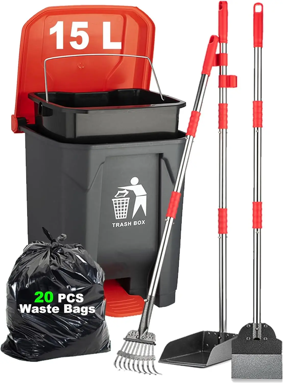 

Dog Poop Trash Can Set with Scoop, 15L Outdoor Waste Bin & Rake, 38" Handle, 20 Bags