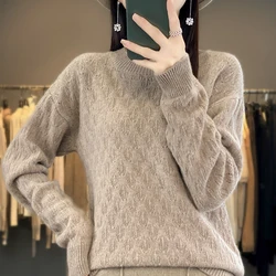 Autumn Winter Women Mock Neck Diamond Lattice Pullover Thickening Sweater 100% Merino Wool Clothing Cashmere Knitwear Female Top