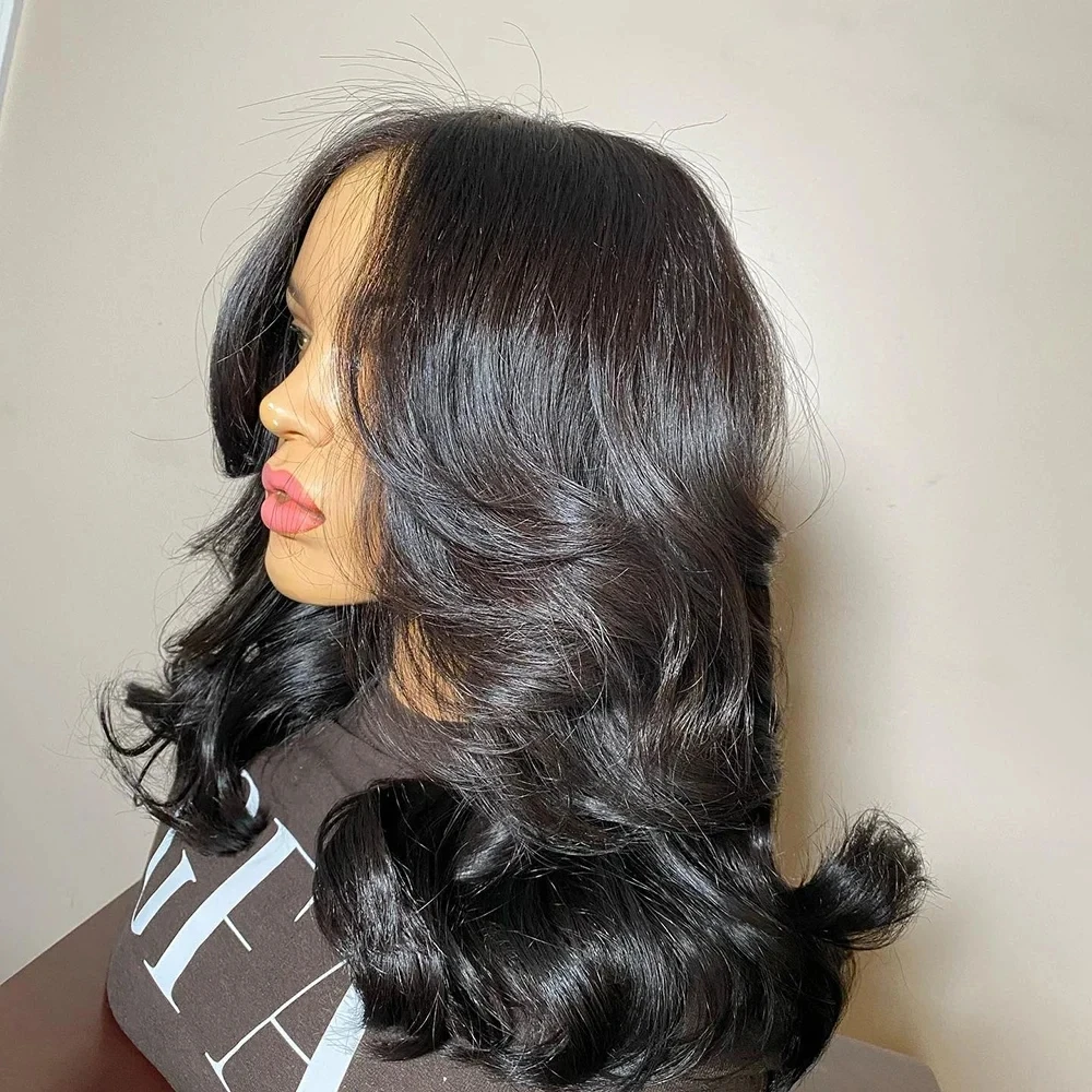 

14" Soft Preplucked Short Bob Wavy Synthetic Lace Front Wig Natural Black For Black Women With Baby hair Glueless