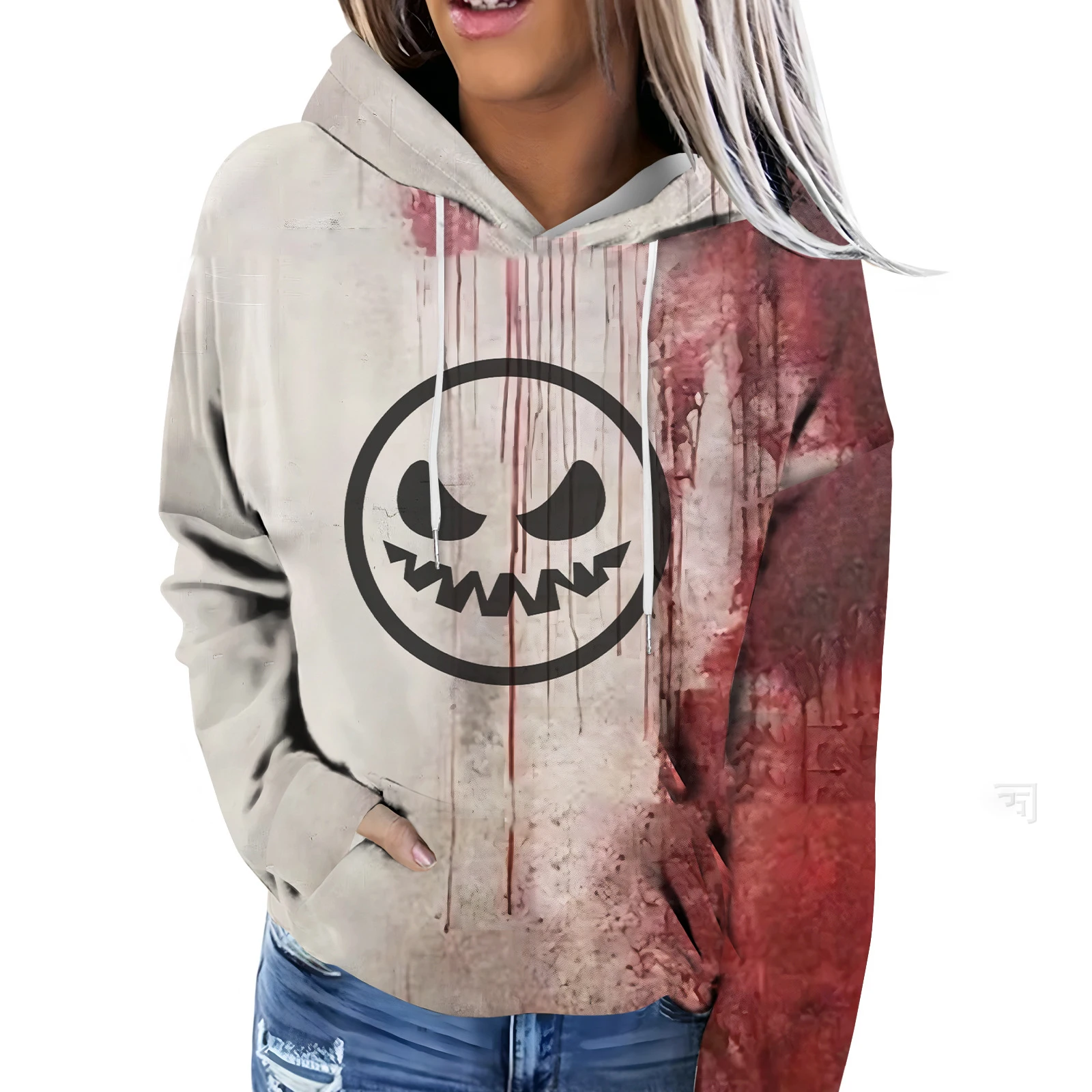 2024 Autumn/Winter Drawstring Pocket Cross border Halloween Elements Smiling Face Pattern Hoodie in StockMC11