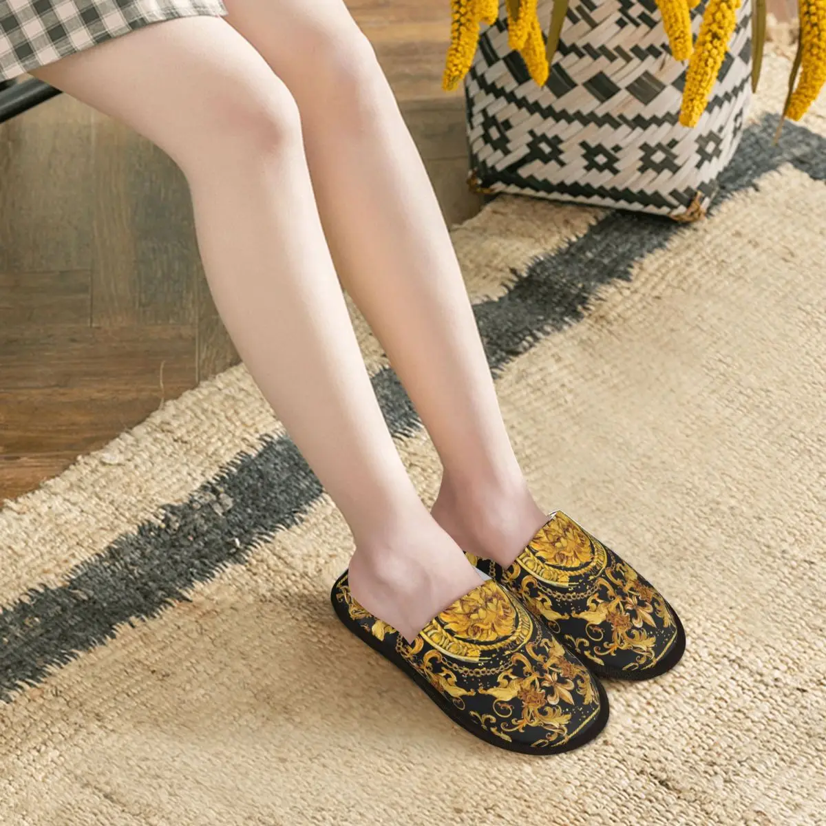 Custom Golden Lion And Damask Ornament Comfort Scuff Memory Foam Slippers Women Baroque Hotel House Shoes