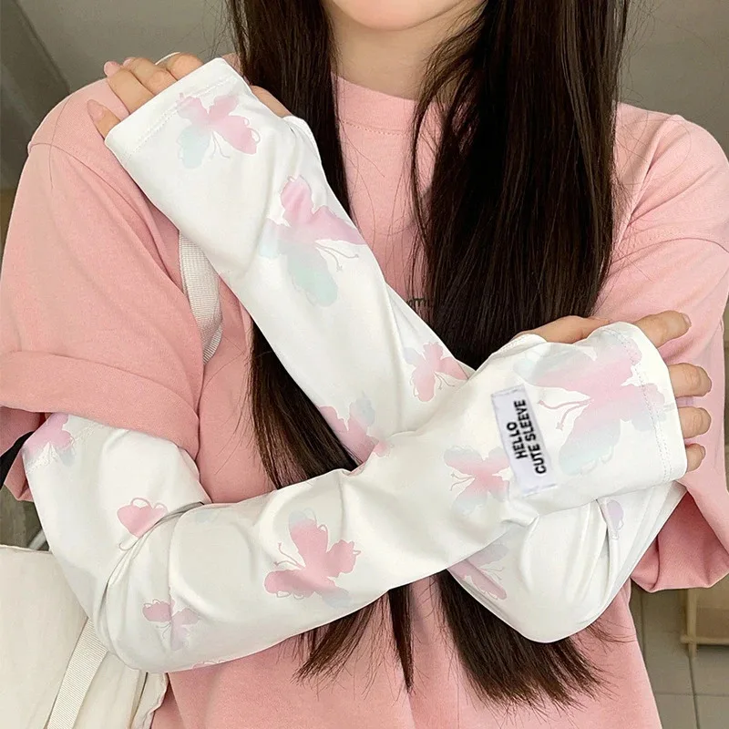 Summer Loose Ice Silk Long Sleeve Sun Protection Fingerless Gloves Elegant Breathable Sunscreen Mittens Women Clothes Accessory