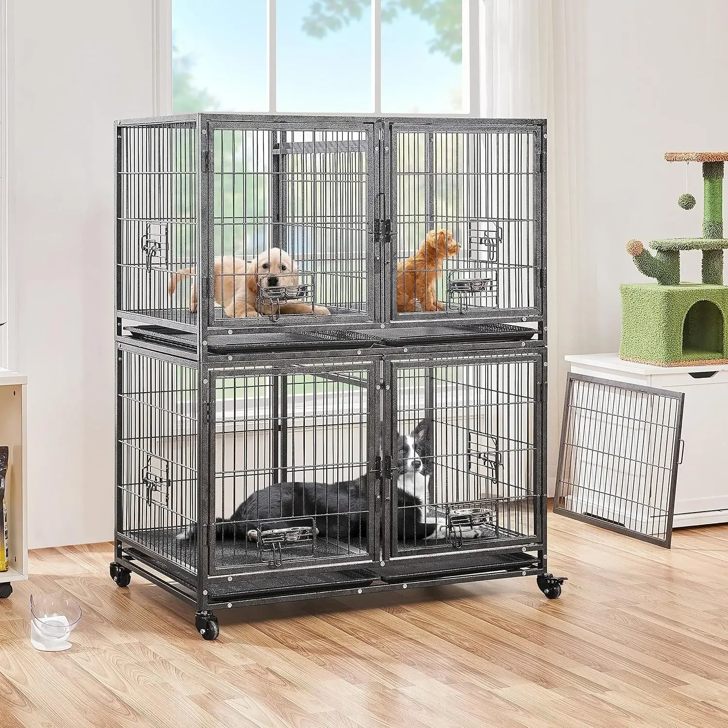 Stackable Dog Crate with Divider 43'' Rolling Heavy Duty Dog Cage.Removable Trays for Small/Medium Dog, Double Story