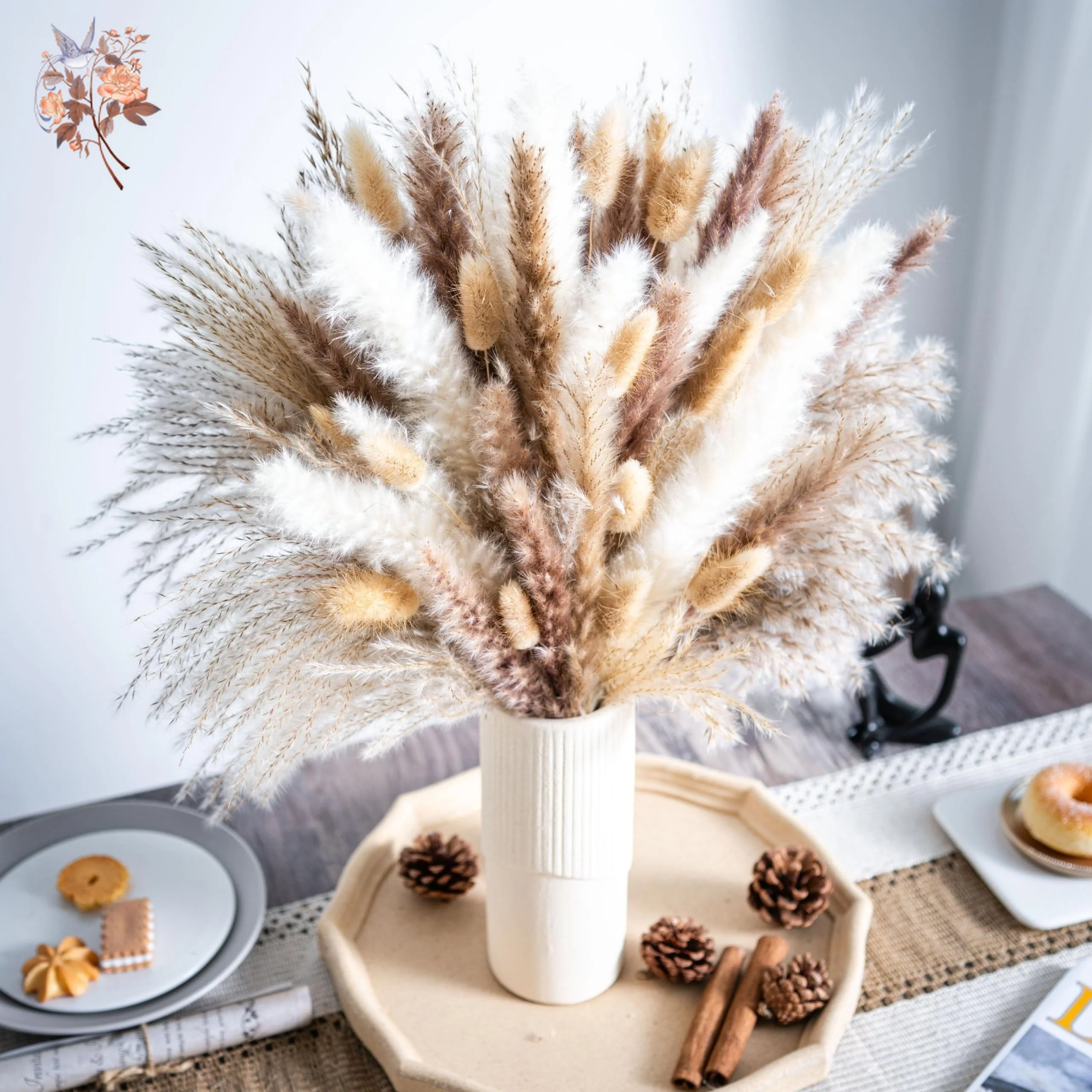

102pcs Dried Flowers Natural Pampas Grass Bouquet Boho Home Room Table Vase Decor Fluffy Bunny Tail Wedding Rustic Decoration