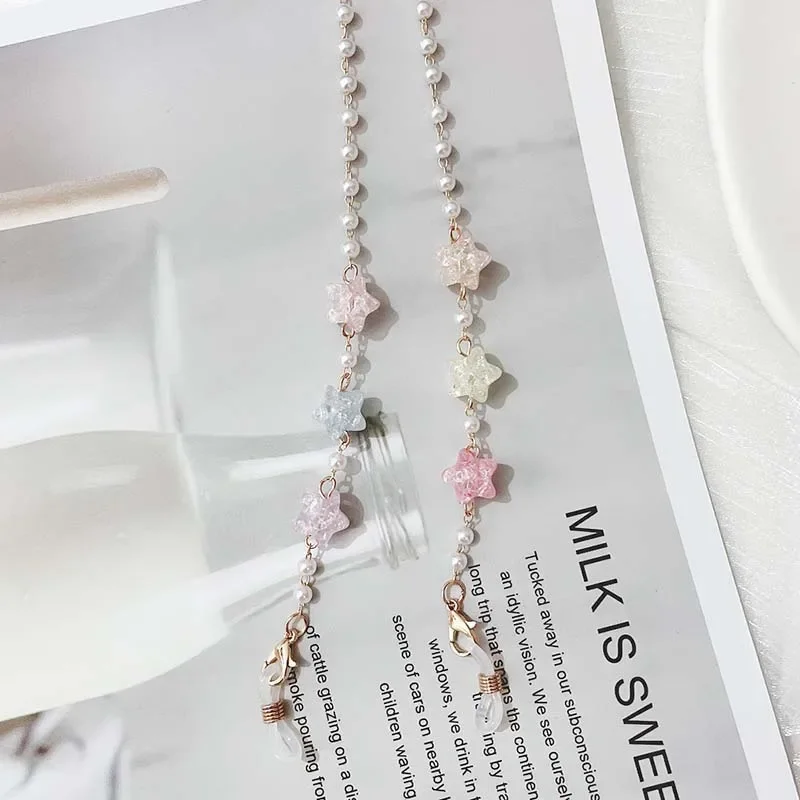 New Trendy Star Pearl Bead Reading Glasses Chain Lanyard Jewelry for Women Fashion Droplet Shaped Crystal Mask Holder Neck Rope