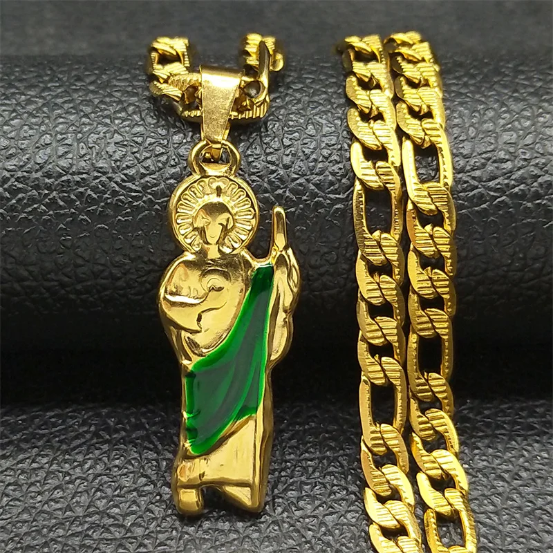 San Judas Tadeo Pendant Necklace for Men Enamel Religion Stainless Steel Punk Chain Saint Jude Thaddeus Necklaces JewelryZZZ774