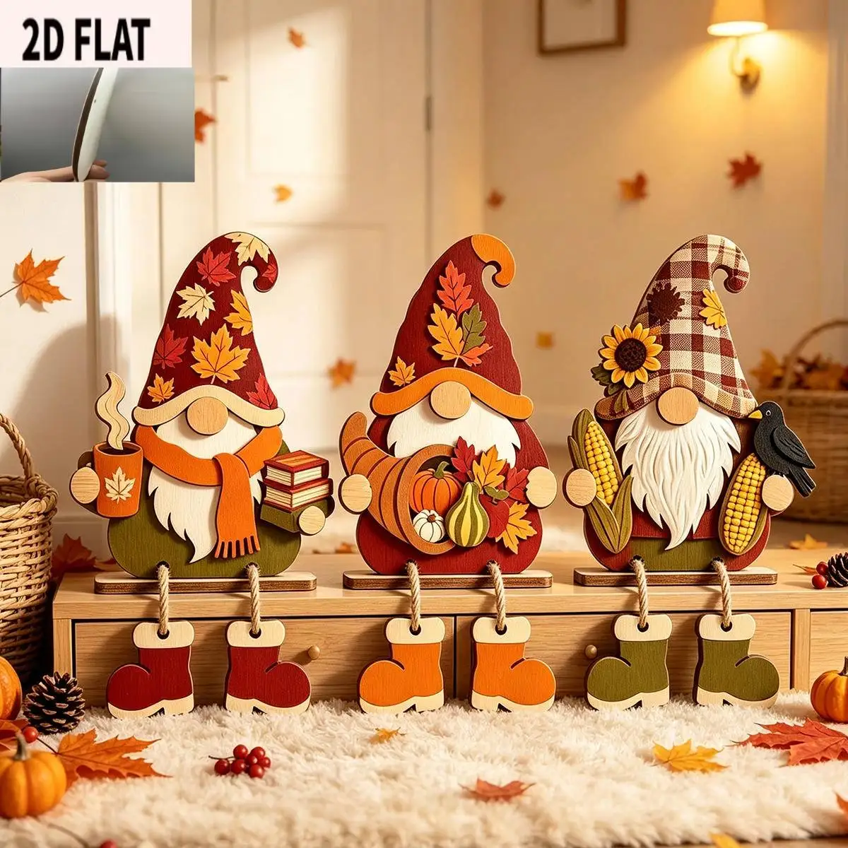 2D Flat, 2D Flat Design,3pcs Set in Warm Autumn Brown Tones Featuring Maple Leaves,Pumpkins,Sunflowers,and Corn Harvest Elements