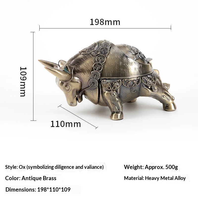 

1pc Cattle Shaped Anti-Wind Ashtray Zinc Alloy Desktop Decoration Home Office Use Creative Cigarette Butt Container