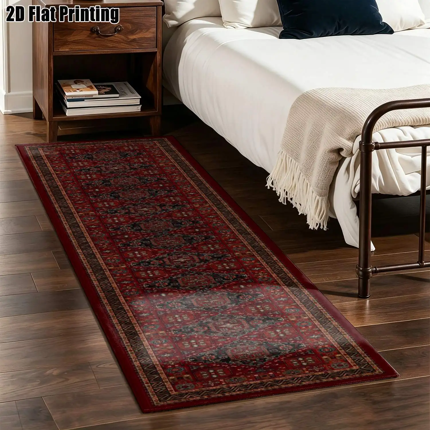 1Pc 2D Printed Long Strip Runner Rug: Red Base, Blue-Gray Geometric Patterns European/Vintage/Bohemian Style, Multi-Size, Machine Washable, Ideal for Entryway, Hallway, Living Room, Bedroom Home Decor.