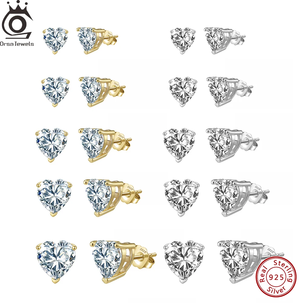 ORSA JEWELS 5A Zircon Studs 925 Sterling Silver Love Heart Stud Earrings Real Fine Jewelry For Women Men Wedding Statement LZE55