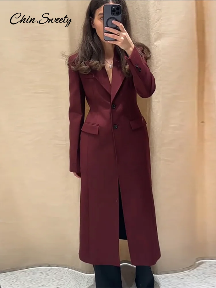 

Elegant Burgundy Red Long Blazer Coat Women Waist Up Turn-down Collar Button Full Sleeve Suit Jacket 2025 Spring New in Outwears