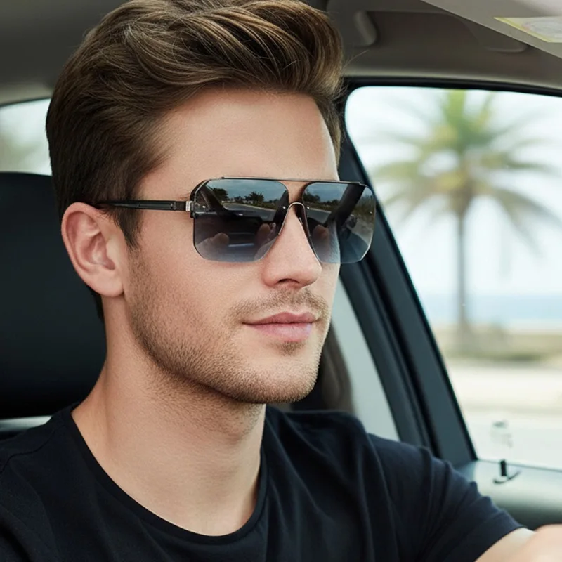 New Gradient Half-frame Sunglasses Men Fashion Metal Big Frame Sun Glasses Brand Design Luxury Square Women's Eyewear UV400