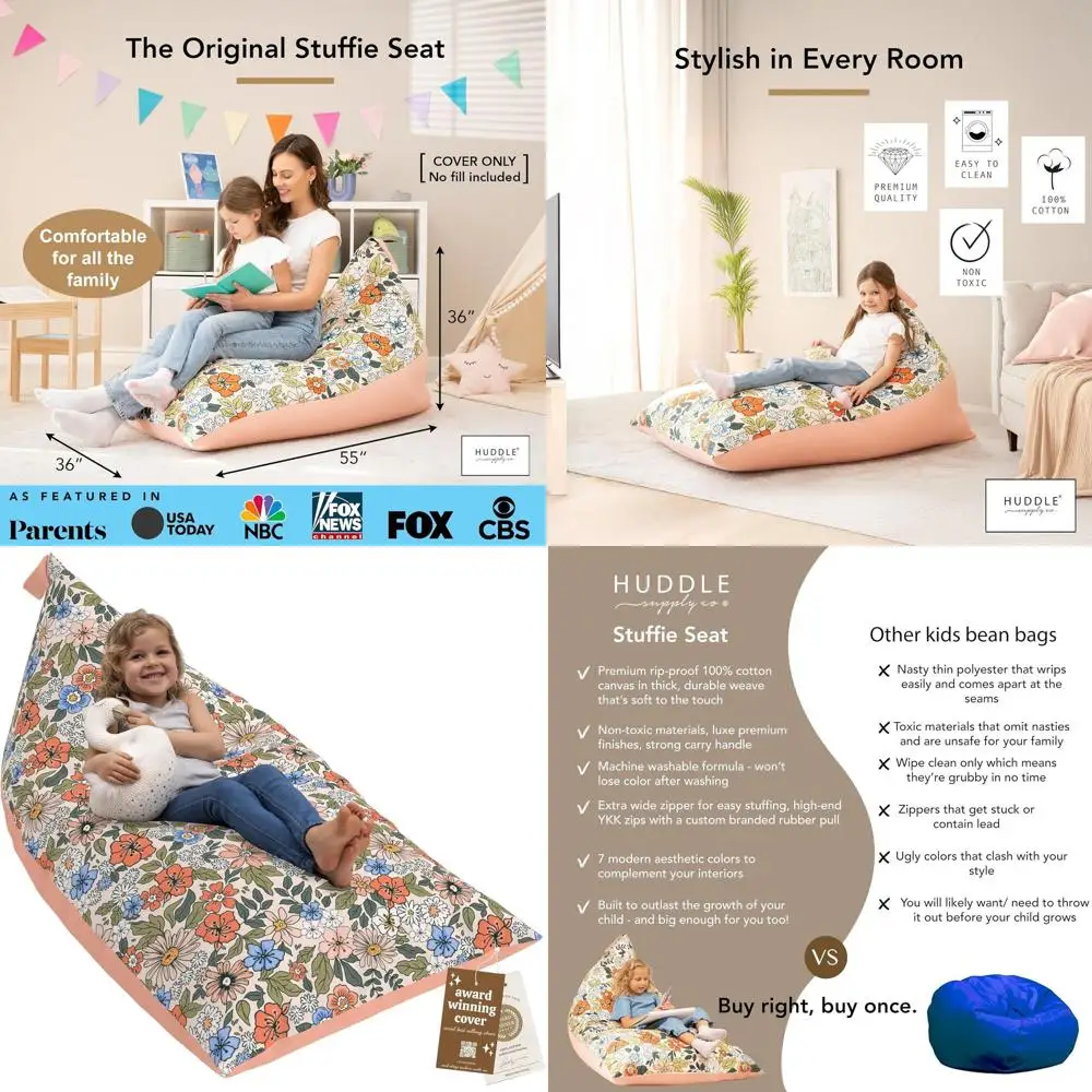 

XL Boho Floral Cotton Canvas Bean Bag Cover - Stylish Storage for Kids & Adults | Clutter-Free Design