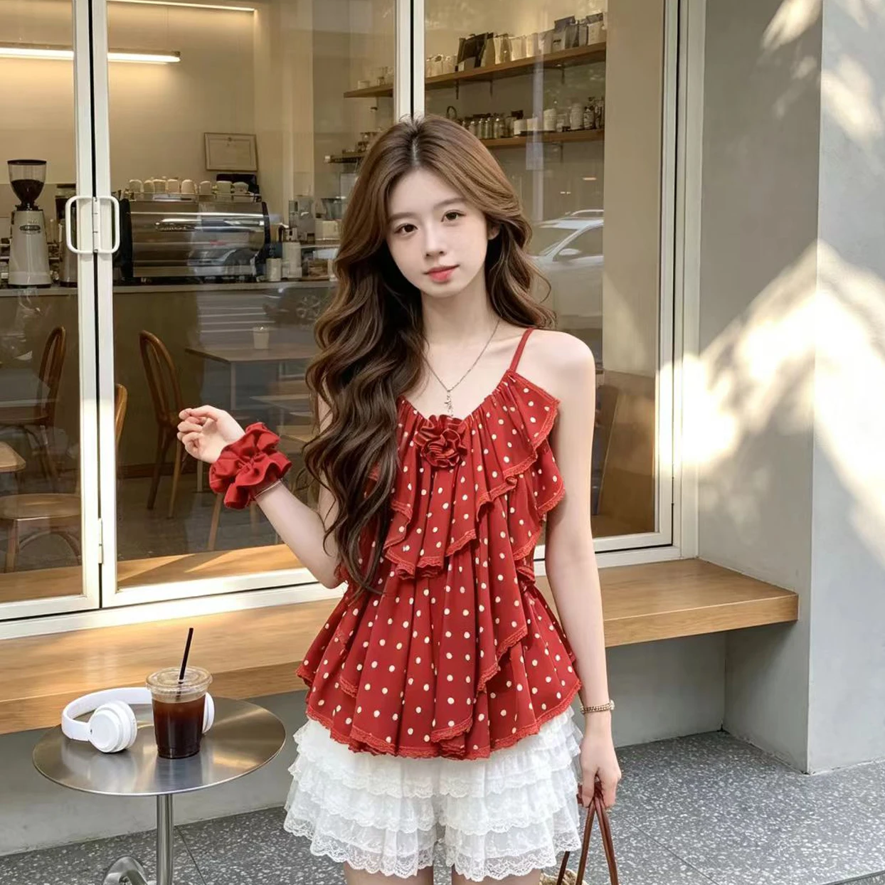 

Red Polka Dot Lace Splice Sleeveless Women's Tank Top Korean Style Design Summer Slimming Vest Breathable Comfortable Polyester