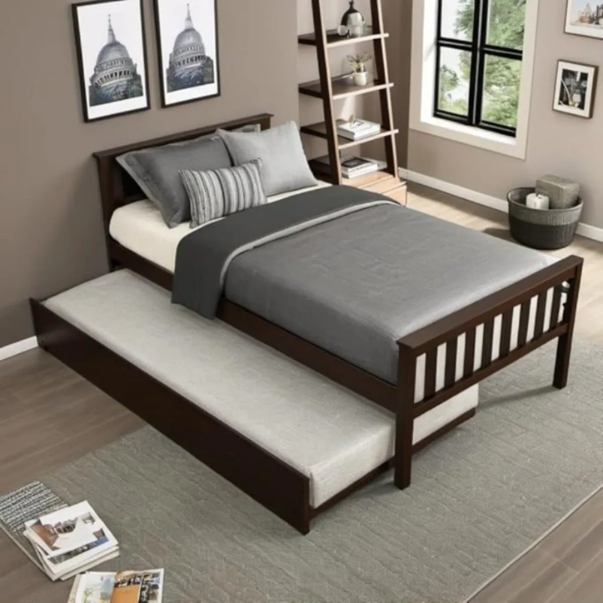 Sofá cama doble con nido para espacios pequeños, estructura de cama con plataforma de madera y cabecera, no necesita somier, Espresso