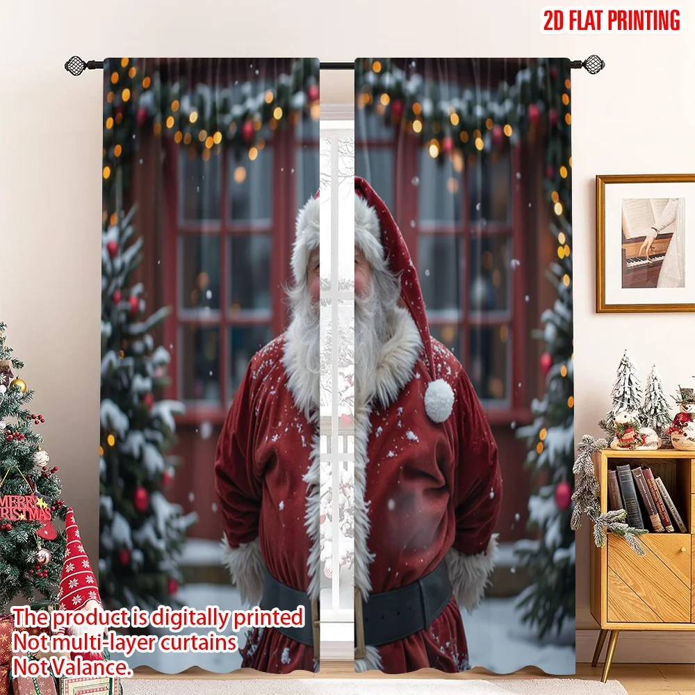 

2pcs 2D flat printing Christmas Party Curtain Santa Claus Snow Christmas Eve Fabric Without Electricity Festive Holiday Perfect