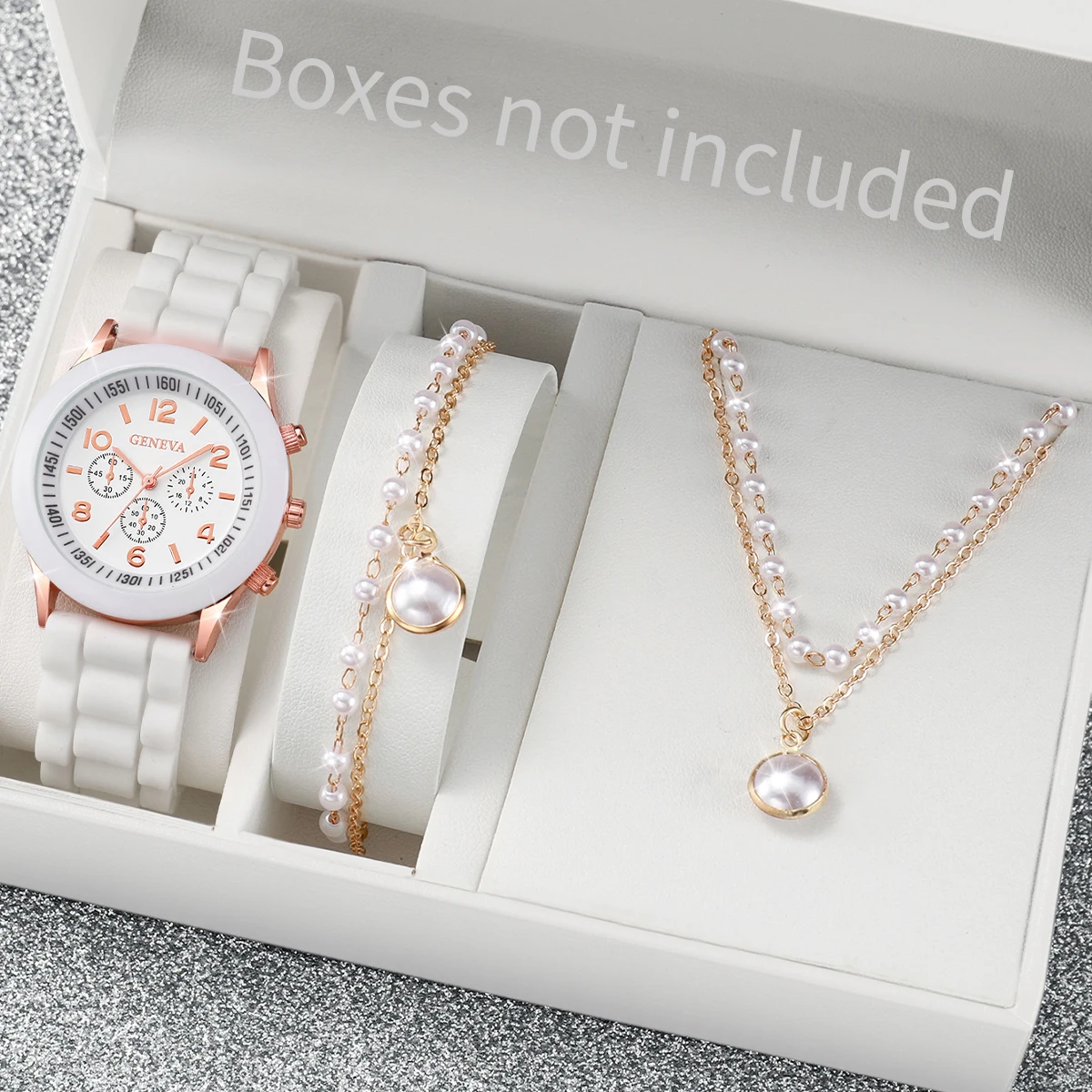 

3PCS/Set Fashion Women Watches Pearl Jewelry Set Casual Silicone Band Geneva Watch（Without Box）