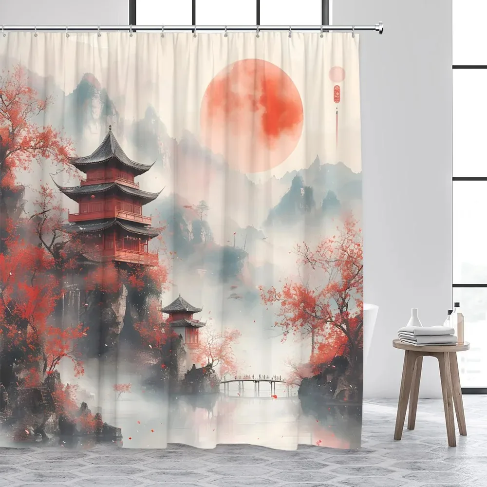 Japanese Style Ink Landscape Shower Curtain Sea Waves Crane Koi Fish Mountain Waterfall Plant Floral Bathroom Curtains Decor Set