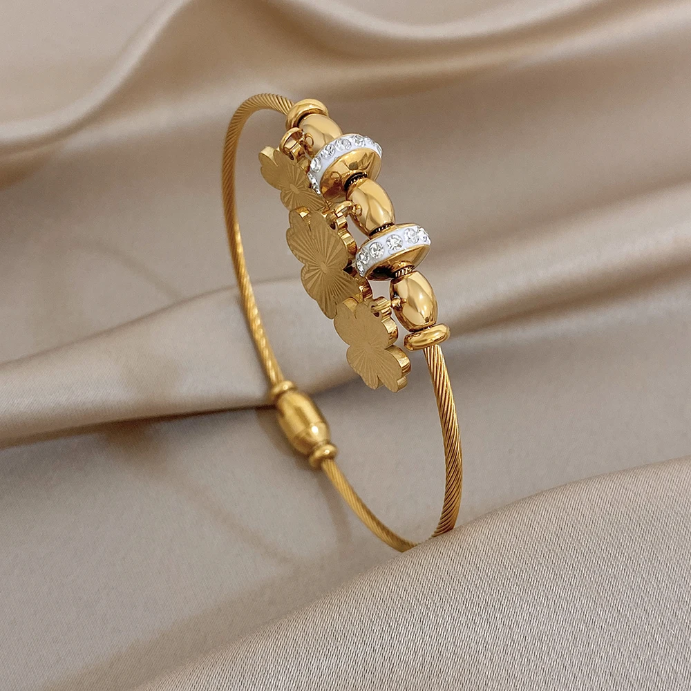 

Elegant Flower Pendant Stainless Steel Bangle for Women Gold Color Waterproof Magnetic Buckle Bracelet Exquisite Jewelry Gift