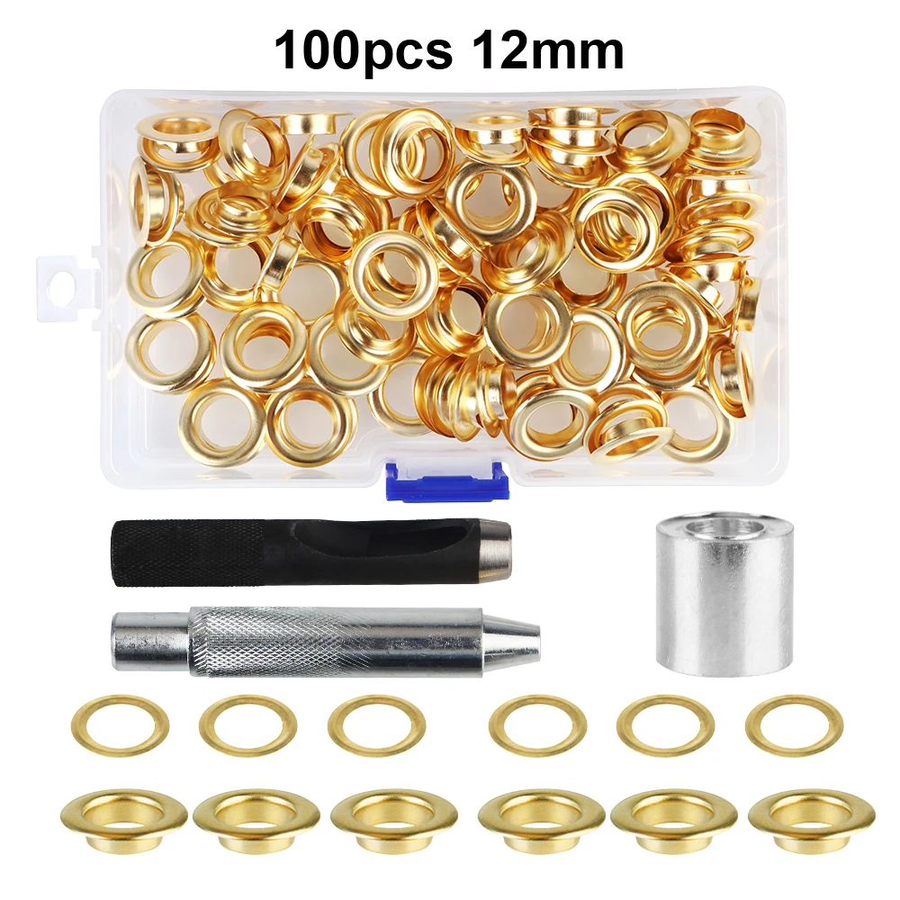 1 Sets with box Copper eyelet 100pcs 12mm Metal buckle 3  installation tools Air Eyelet Corns Tarpaulin Ring Buckle