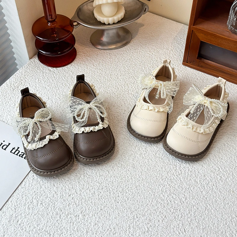 

Girls Toddler Shoes 1-6 Years Old Beige Lace Bow Girls Single Shoes Four Seasons Models Soft Non-slip Children's Leather Shoes