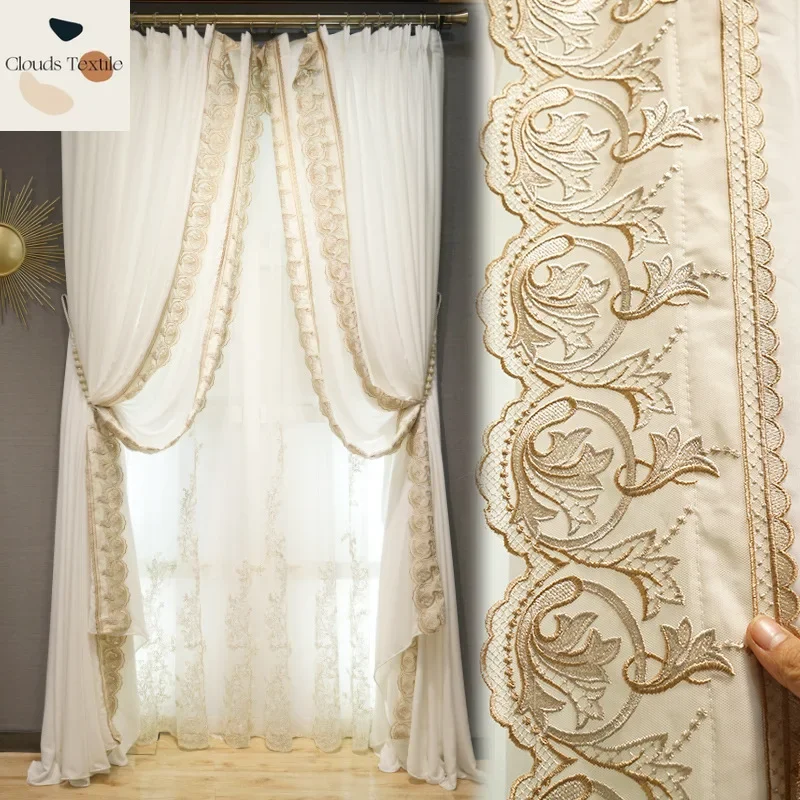 European Embroidered Tulle White Wedding Curtains for Living Dining Room Bedroom Luxury Side Lace Yarn Villa Window Customize