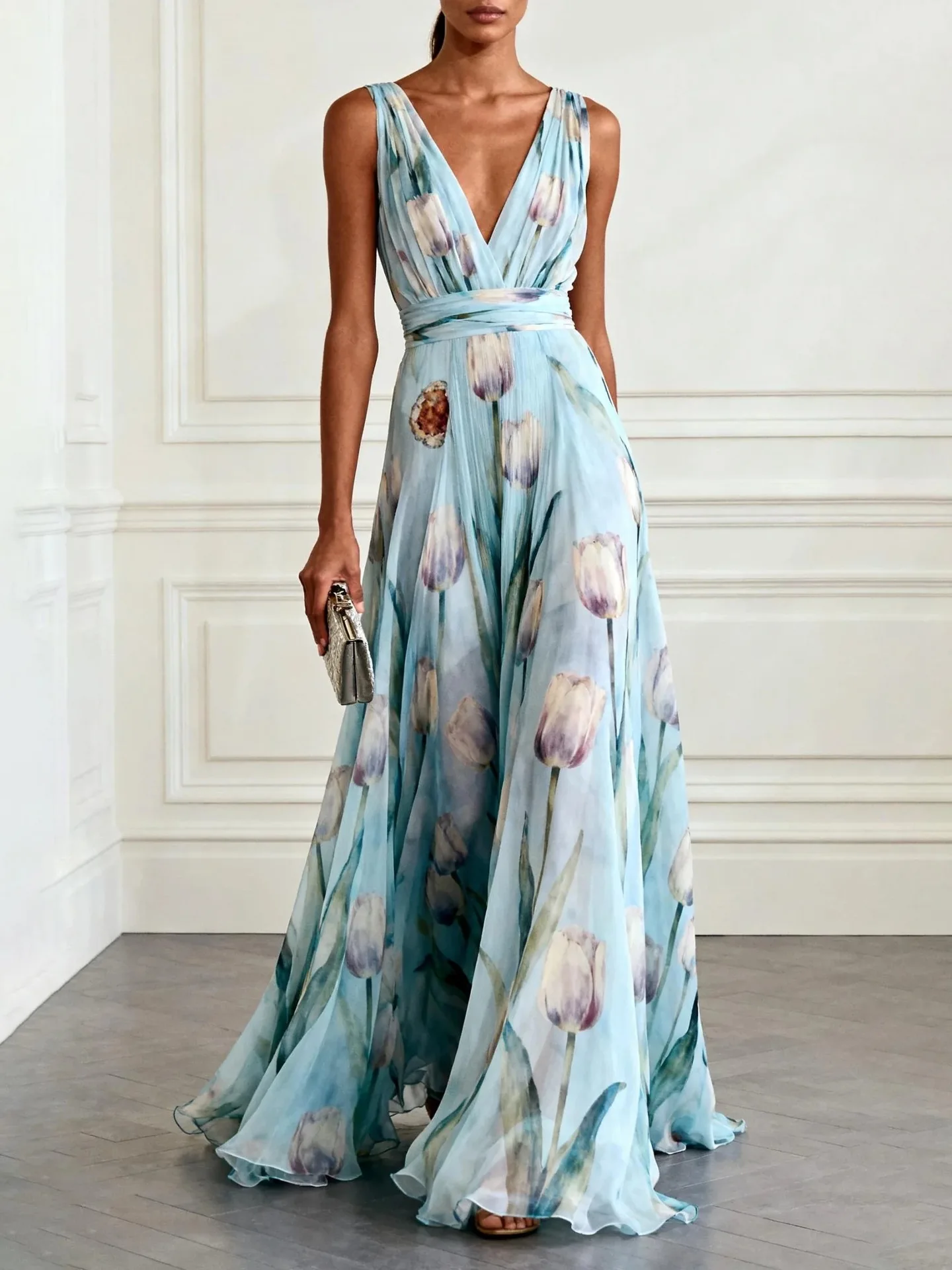 

Summer Casual Long Dress New Printed Slim Elegant Fashionable Sexy Deep V-neck Mid-waist Sleeveless Chiffon Evening Dresses