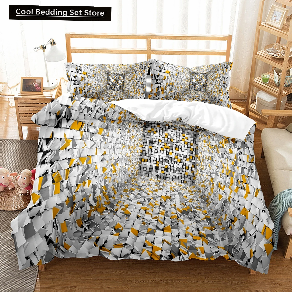 

3D Abstract King Queen Duvet Cover Solid Geometry Bedding Set Rotate Three-dimensional Space 2/3pcs Polyester Soft Quilt Cover