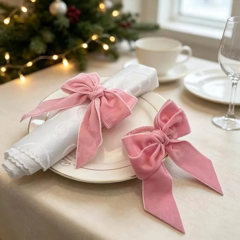 1-10PCS  Velvet Bow Napkin Ring Festive Table Decoration Holder for Wedding Birthday Christmas Party Dinner Restaurant Setting