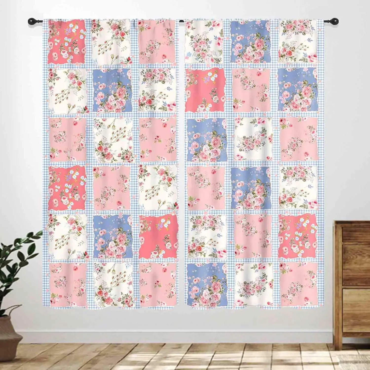 Pink Floral Curtains,Boho Vintage Patchwork Flower Colorful Wildflower Farmhouse Country Retro Floral Rural Cottage Bedroom
