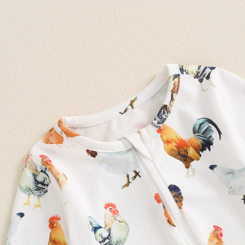 ชุดรอมเปอร์มีซิปสำหรับเด็กผู้ชายชุดจั๊มสูทแขนยาวพิมพ์ลายไก่แบบลำลองสำหรับทารกเด็กวัยหัดเดินชุดฤดูใบไม้ร่วง