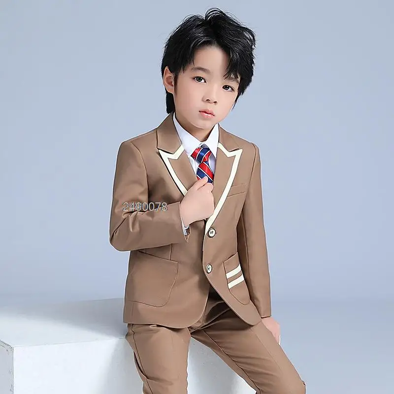 Khaki Suit For Boys Children Photography Dress Kids Stage Performance Formal School Suit Teen Birthday Ceremony Chorus Costume