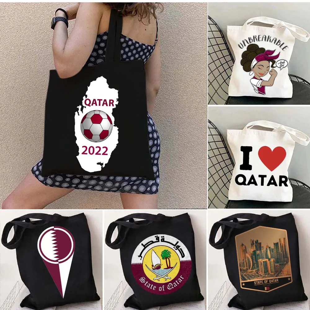 Doha Skyline Qatari Country Map Qatari Flag Arab Girl Love Heart Shoulder Canvas Totes Bags Shopping Cute Beach Shopper Handbags