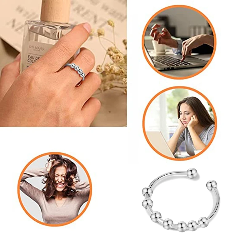 Ladies Anxiety Ring Rattles Stainless Steel Decompression Ring Fidget Bead Ring Adjustable Opening and Stackable Ring