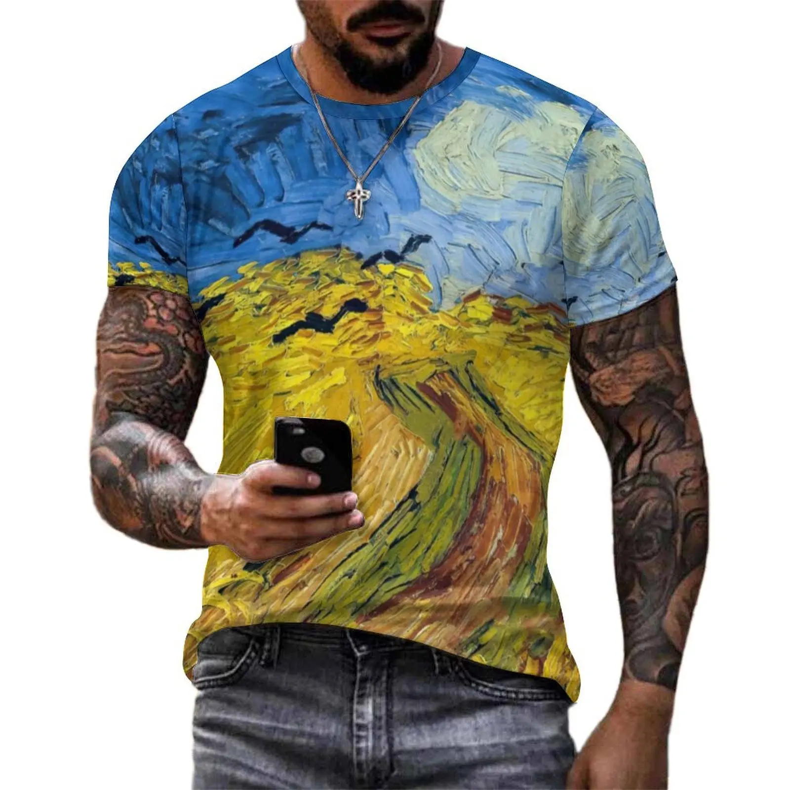 Van Gogh T Shirt Wheatfield with Crows Men Retro T Shirts Summer Custom Tee Shirt Short Sleeves Streetwear Big Size Clothes Gift