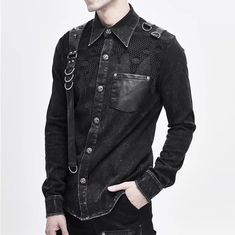 2023 Punk Men\'s Long Sleeved Rivet Bandage Shirt  Rock Casual Asymmetric Shirt  Spring and Autumn Broken Top