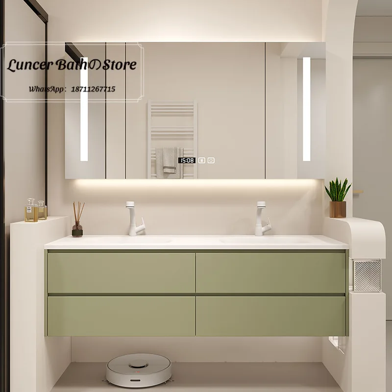 Double-basin bathroom cabinet set, equipped with oak smart sensor mirror, sink and washbasin