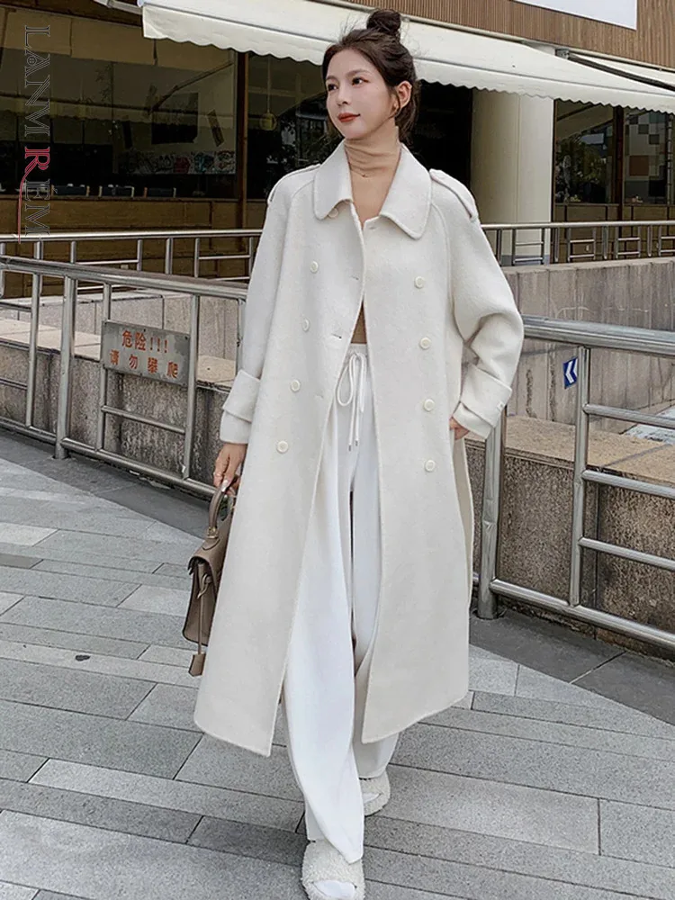 

LANMREM Winter High End Two Sided Wool Long Coat Women Korean Style Belt Double Breasted Clothing Fashion Female New 2VV1676