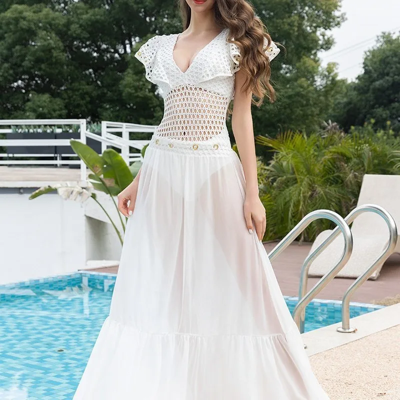 

Белый цельный купальник Hollow Me с кружевной отделкой, женский высококачественный костюм для серфинга, полиэстер с фиксированной накладкой на грудь Seven Sve