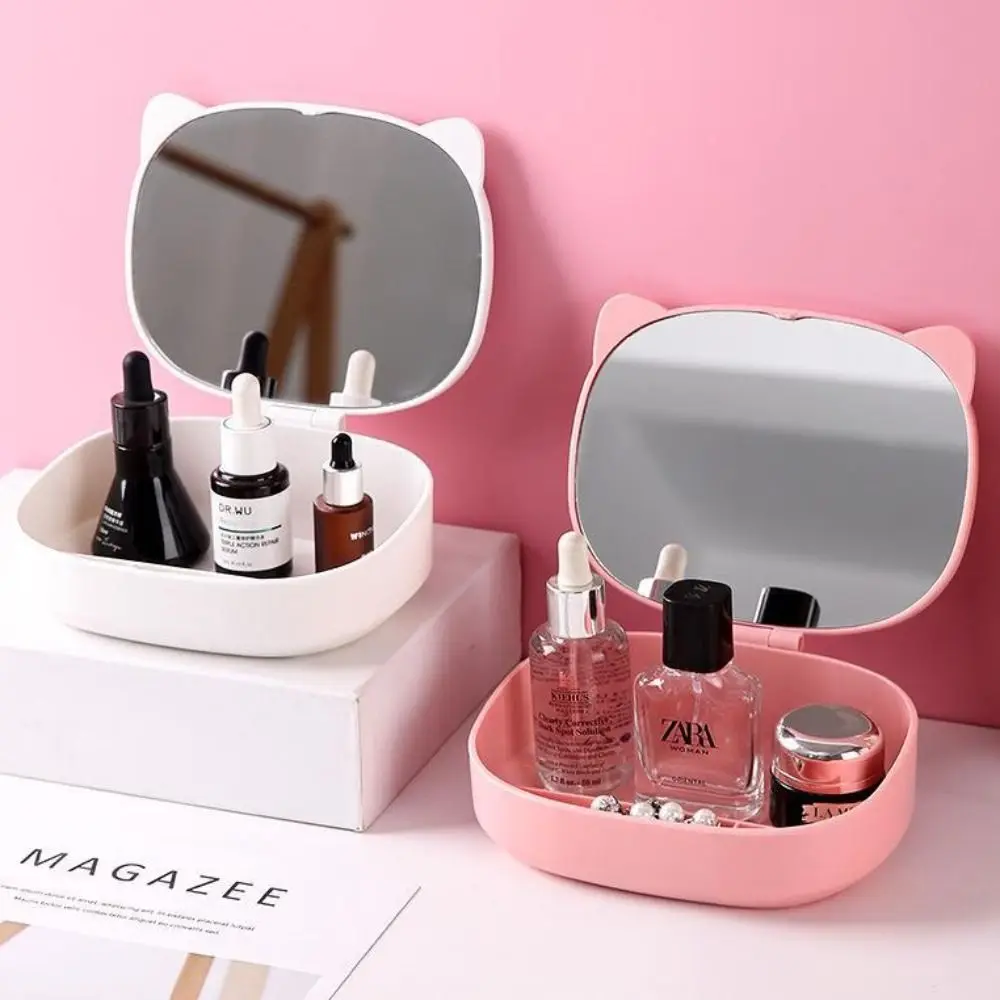 With Storage Box Folding Storage Mirror High Definition Without Dead Corners Cat Ear Makeup Mirror Multi-compartment Storage