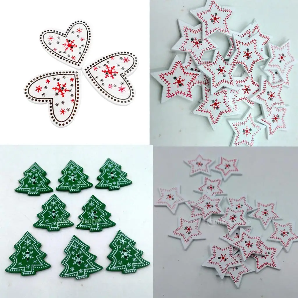 25 Pezzi Fiocco di Neve Albero di Natale/Cuore d\'Amore/Stella Bottoni in Legno Abbellimento Misura Cucito e Scrapbooking 2 Fori