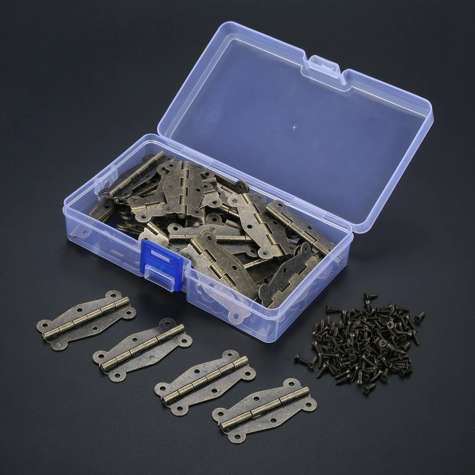 60Pcs 50*25mm Iron Jewelry Wood Boxes Cabinet Furniture Hinges + Storage Box + 360Pcs Screw Mini Decorative Hinge Door Hardware
