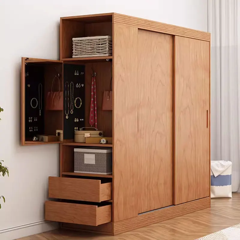 Cherry Wood All Solid Wood Wardrobe Modern Simple Sliding Door Wardrobe Log Household Sliding Door Storage Environmental Protect