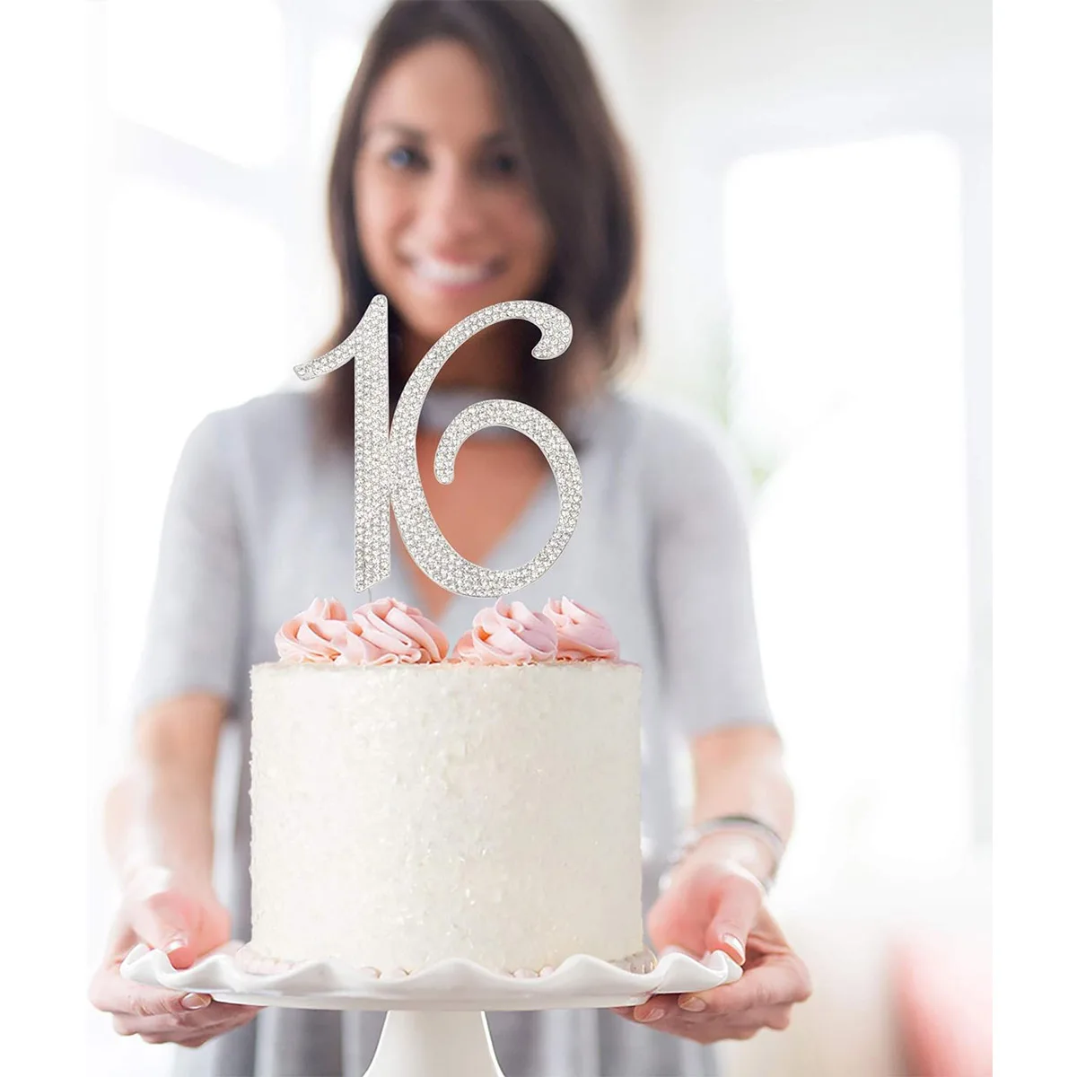 16 Silver Metal Cake Topper - Premium  Sweet 16 Birthday Party Sparkly Rhinestone Decoration Makes a Great Centerpiece