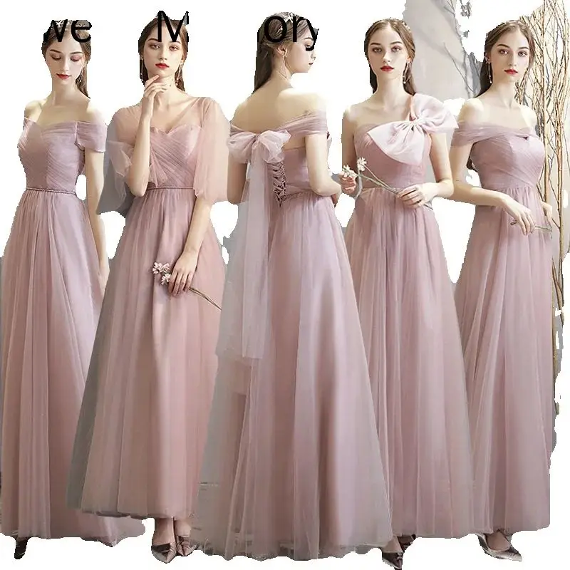 Custom Made Dusty Blue Pink Bridesmaid Dresses Girls Long Prom Dresses Women Gown Tulle Mesh Graduation Wedding Party Vestidos