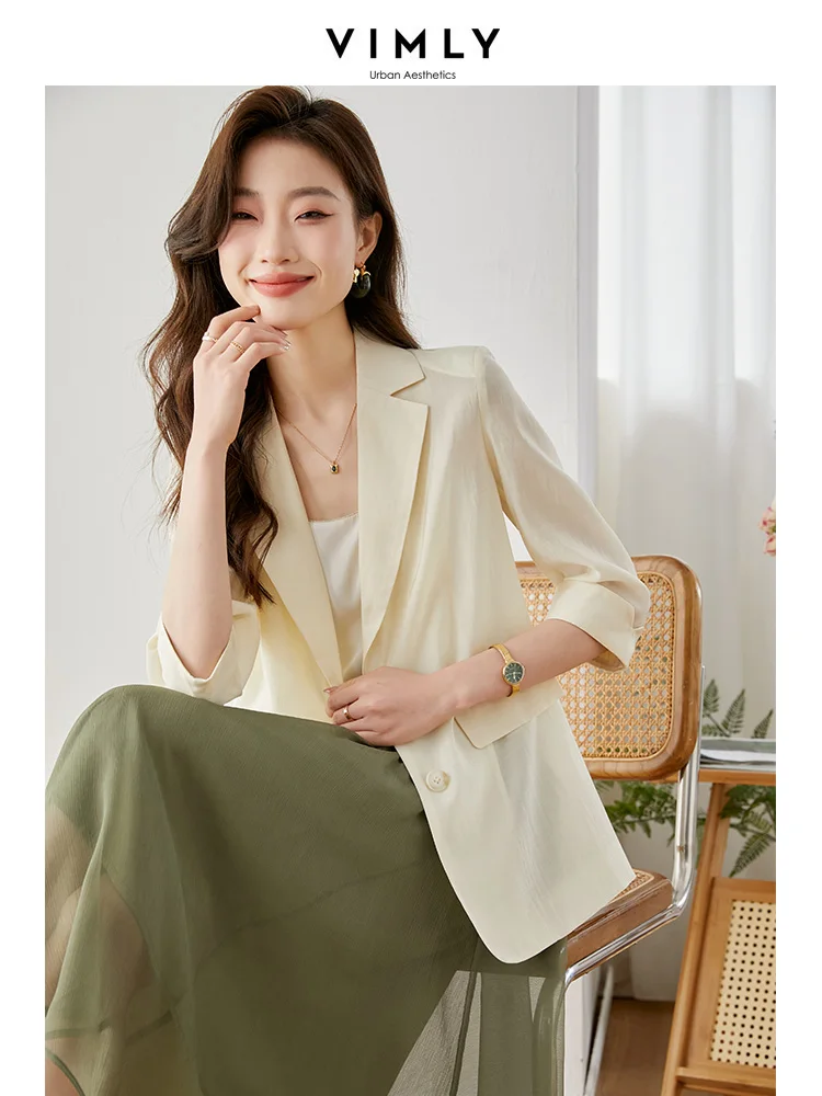 VIMLY Casual Lyocell Suit Blazers Women 2026 Autumn Fashion Transparent Lightweight Three Quarter Sleeve Office Ladies Blazers