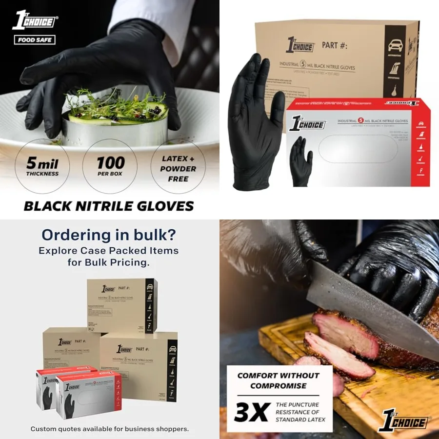 

1st Choice Nitrile Gloves Disposable Latex-Free, Black, 5 Mil for Cooking, Cleaning, Automotive, Industrial, Food Prep, Home