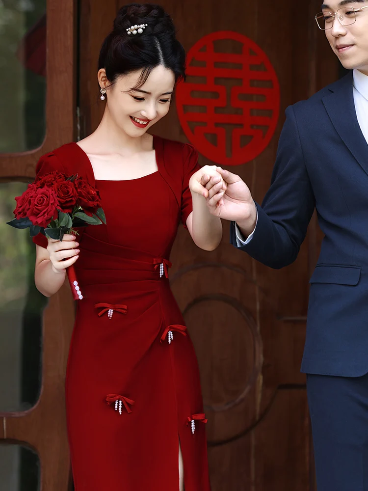 

Elegant Red Wedding Dress Square Collar Engagement Evening Gown Women's Fashion Sweet Style mid Waist Zipper Short Sleeve